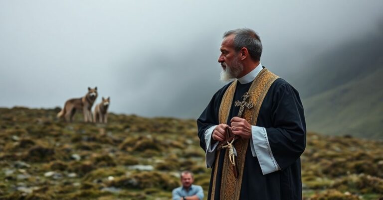 Katolicki ksiądz w tradycyjnych szatach liturgicznych stoi na tle gór Słowackich z krzyżem w ręku, patrząc na wilki na odległość. Scena podkreśla boski porządek i odpowiedzialność za stworzenie Boga.