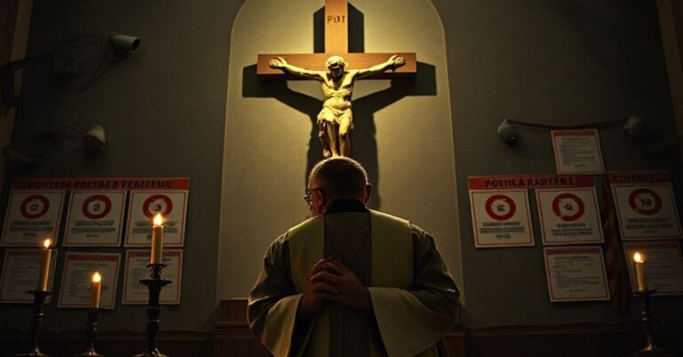 Katolicki ksiądz w tradycyjnych szatach modli się przed krzyżem na tle inwigilacji policyjnego państwa