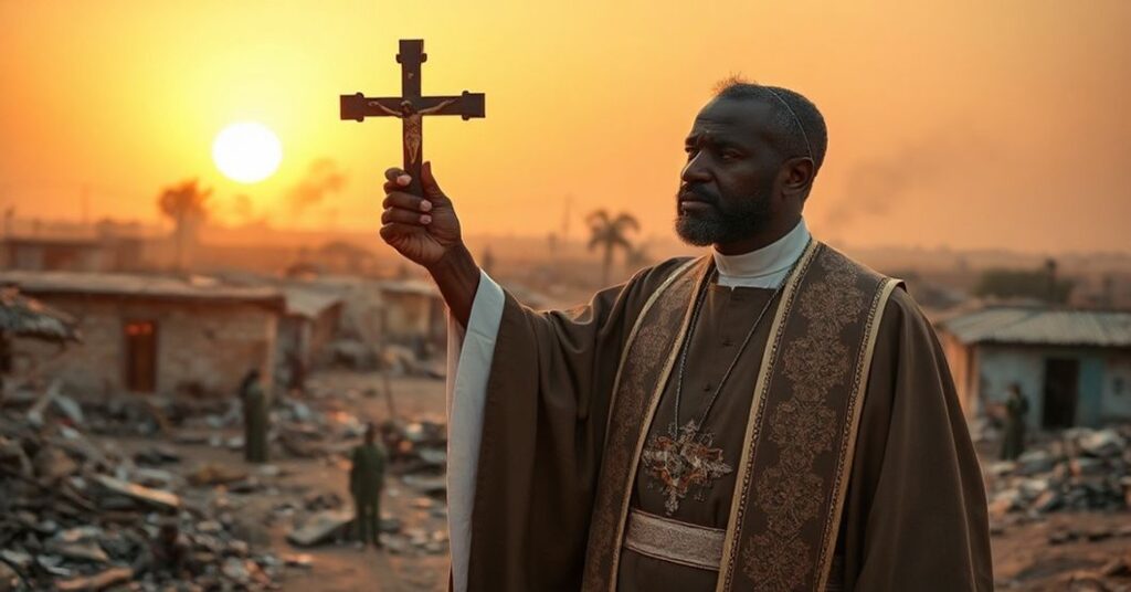 Sobą katolicki ksiądz w tradycyjnych szatach liturgicznych stoi na zniszczonym polu bitwy w Nigerii z krzyżem podniesionym do góry. Wokół niego rozciągają się zniszczone kościoły i cierpiąca wierna ludność. Scena jest oświetlona ciepłym, złotym światłem zachodzącego słońca, symbolizującym nadzieję w środku cierpienia.