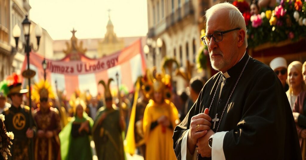 Katylicki ksiądz pełen smutku obserwuje pogański karnawał w Wenecji