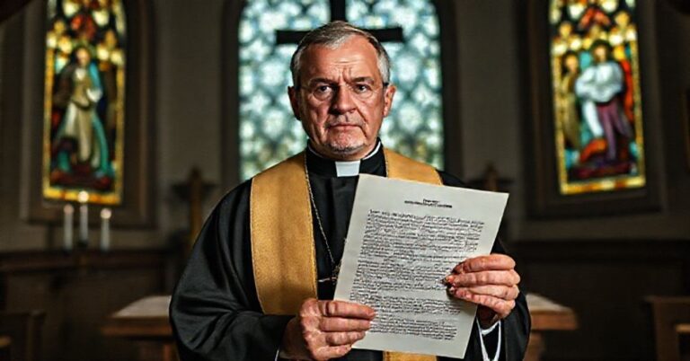 Tradycyjny ksiądz katolicki w ornacie liturgicznym trzymający list od Brata Matthew z Taizé, stojący przed ołtarzem z krzyżem w ciemnej kaplicy