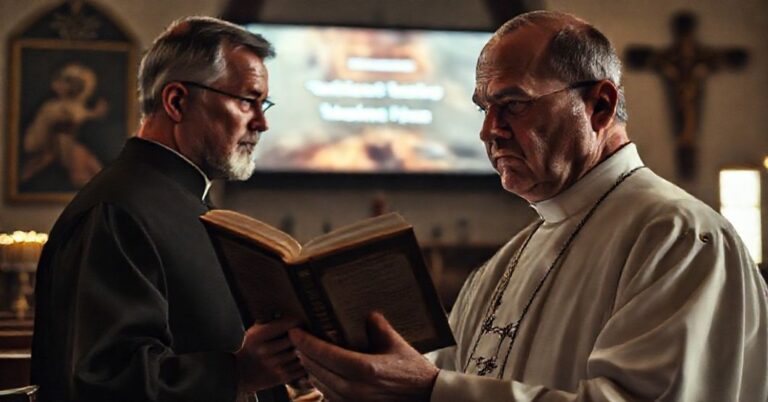 Tradycyjny ksiądz katolicki patrzący z niechęcią na ekran z tytułami filmów promocyjnych Leona XIV