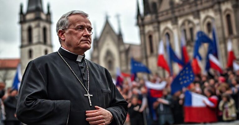 Katolicki ksiądz w tradycyjnym stroju stoi przed kościołem w Pradze z zarzutem na twarzy, obserwując manifestację polityczną Andreja Babiša i jego koalicjantów.