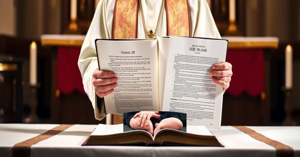 Ksiądz w tradycyjnych szatach liturgicznych stoi przed ołtarzem kościelnym z otwartą Biblią na Rdz 1:28. Na stole leży dokument ustawy Kolorado HB 26-1040 obok zdjęcia kobiety w ciąży i zarodka. Scena podkreśla hipokryzję prawniczą wobec życia.