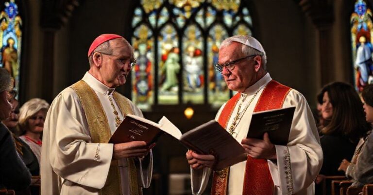Ksiądz w stroju liturgicznym stoi przed wiernymi w kościele, wyrażając zaniepokojenie kompromisem z finansowaniem aborcji. Na tle witraże z scenami z życia Chrystusa.