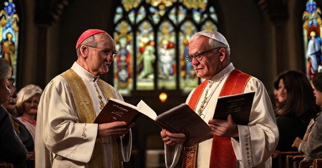 Ksiądz w stroju liturgicznym stoi przed wiernymi w kościele, wyrażając zaniepokojenie kompromisem z finansowaniem aborcji. Na tle witraże z scenami z życia Chrystusa.