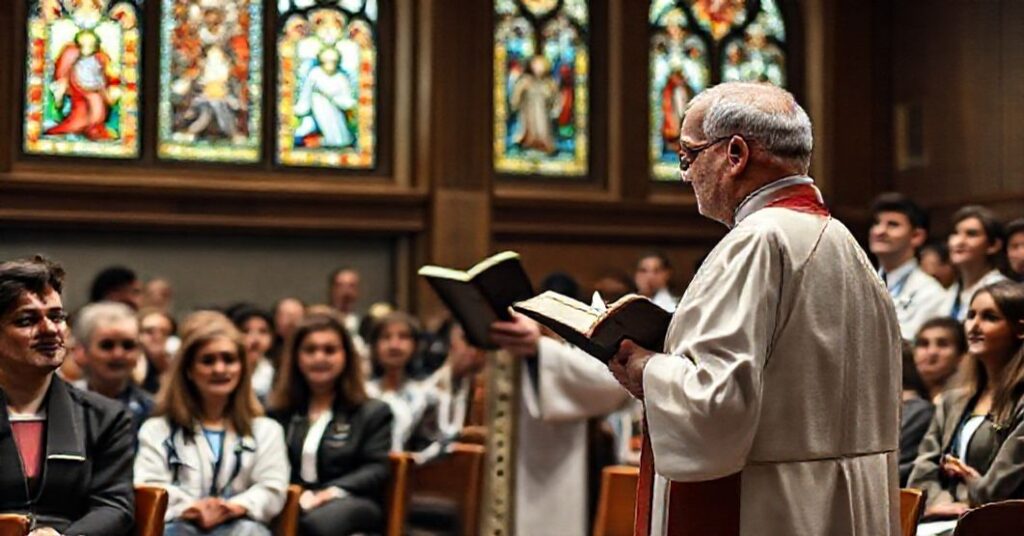 Ksiądz w tradycyjnych szatach kościelnych przemawiający do grupy studentów medycyny na tle kościoła z witrażami przedstawiającymi Matkę Boską i nienarodzone dzieci.
