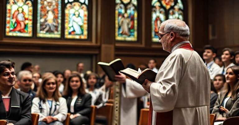 Ksiądz w tradycyjnych szatach kościelnych przemawiający do grupy studentów medycyny na tle kościoła z witrażami przedstawiającymi Matkę Boską i nienarodzone dzieci.