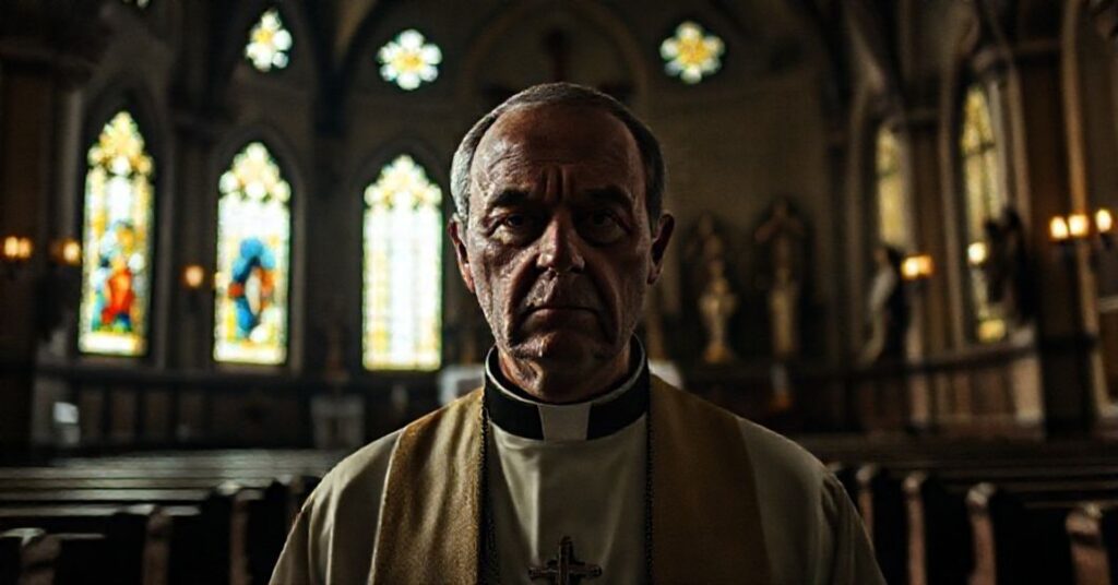 Tradycyjny katolicki ksiądz stojący przed pustym amboną w ciemnej kościelnej wnęce z oknami witrażowymi. Wyraz twarzy księdza wyraża głęboką troskę i smutek.