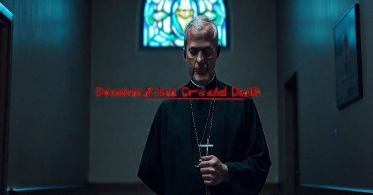 Kaplica szpitalna z witrażem i księdzem trzymającym różaniec przed dokumentem z przekreślonym "DACD"