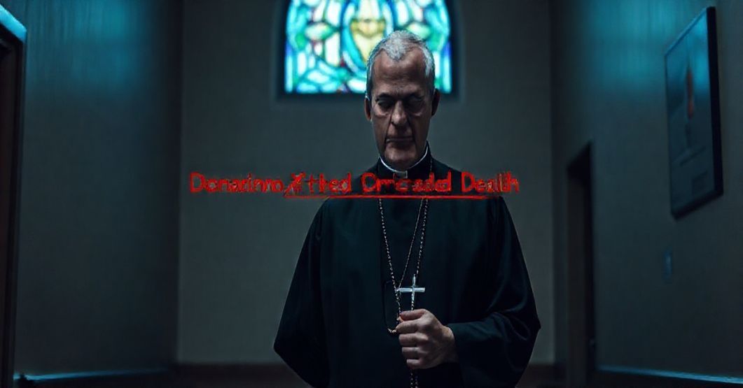 Kaplica szpitalna z witrażem i księdzem trzymającym różaniec przed dokumentem z przekreślonym "DACD"