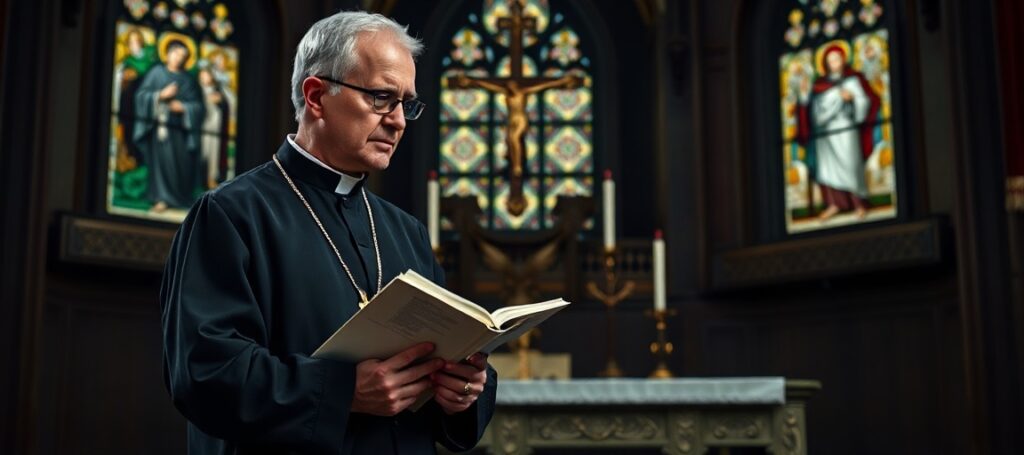Ksiądz w ciemnym sutannie przed ołtarzem z krzyżem, trzymając raport synodalny z wyraźnym niezadowoleniem.