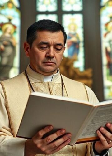 Modernizm duchowy - filozofia bez Boga Ksiądz w tradycyjnym stroju liturgicznym trzymający Biblię i książkę Byung Chul Hana w kościele