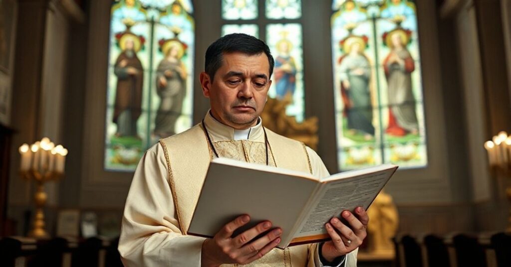 Ksiądz w tradycyjnym stroju liturgicznym trzymający Biblię i książkę Byung Chul Hana w kościele