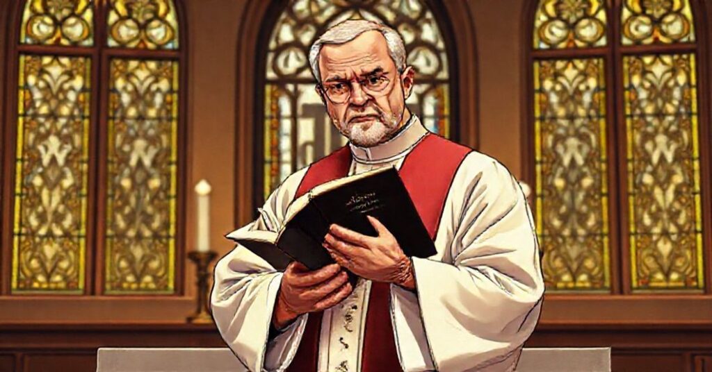 Ksiądz w tradycyjnych ornatach stoi przed ołtarzem z Katechizmem w ręku, w tle widoczna jest sylwetka synagogi przez witraże