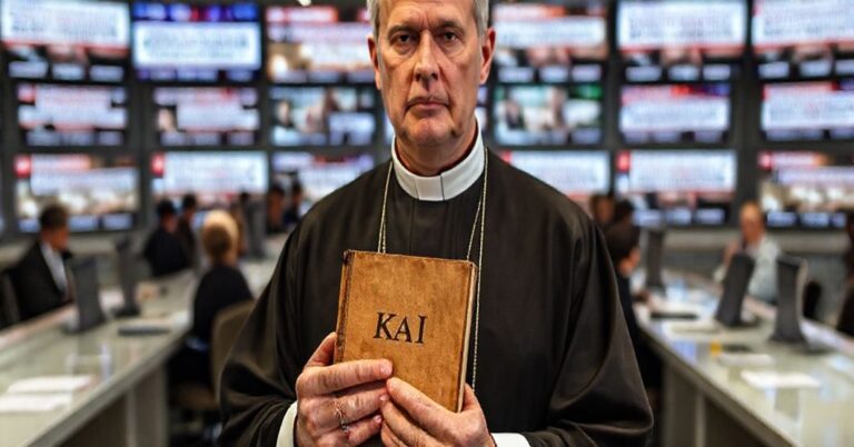 Ksiądz w tradycyjnych szatach liturgicznych trzyma stary podręcznik z logo KAI na tle nowoczesnej redakcji mediów promującej apostazję i herezje.