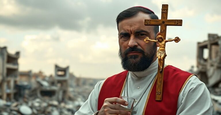 Katolicki ksiądz w tradycyjnych szatach liturgicznych stoi w zniszczonej Gazie, trzymający krzyż. Symbolizuje misję Kościoła w obliczu nowoczesnych kompromisów.