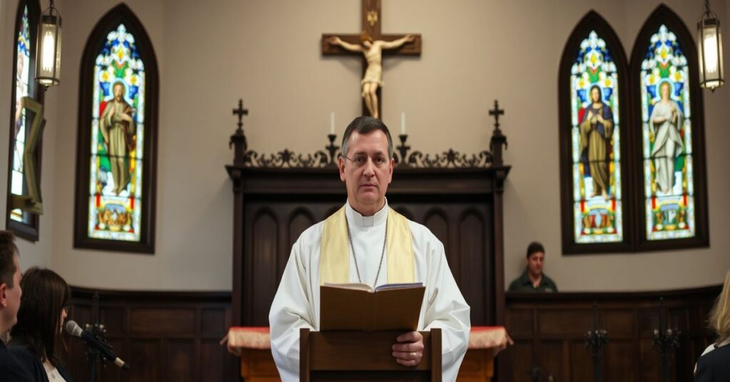 Tradycyjny katolicki kościół z księdzem kaznodzieją przed amboną, podkreślającym ważność wiary i odrzucający technologiczne nowinki