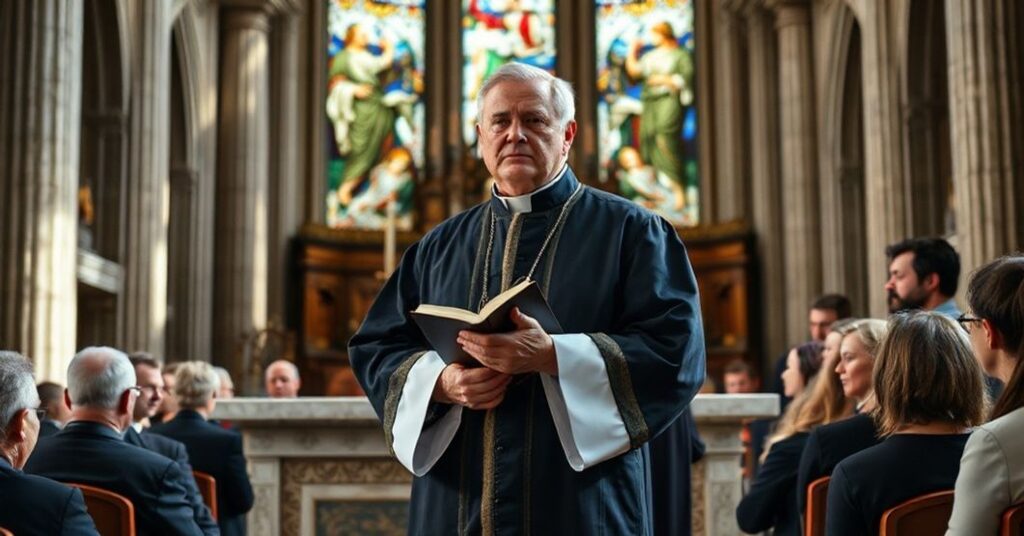 Ksiądz w tradycyjnej sutannie stoi przed ołtarzem, przemawiając do grupy ludzi w kościele. Scena podkreśla powagę i konieczność zachowania wiary katolickiej.