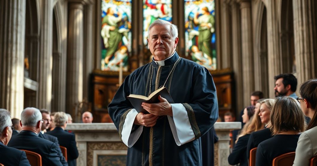 Ksiądz w tradycyjnej sutannie stoi przed ołtarzem, przemawiając do grupy ludzi w kościele. Scena podkreśla powagę i konieczność zachowania wiary katolickiej.
