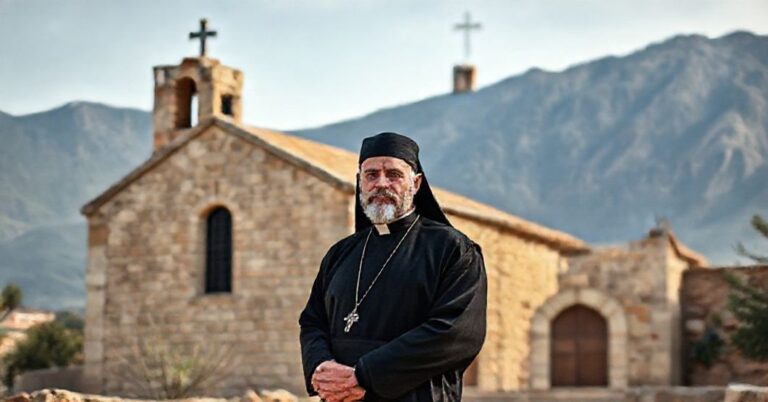 Tradycyjny ksiądz katolicki w Libanie przed klasztorem Mar-Charbel