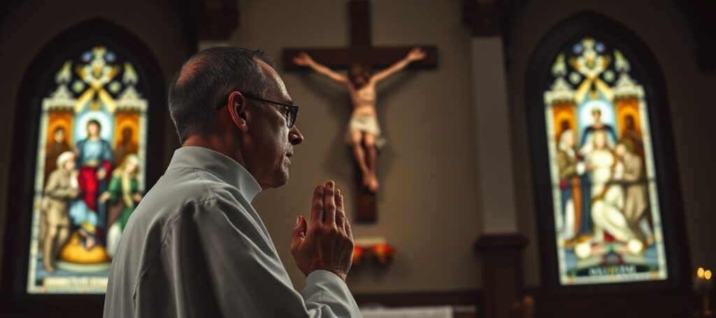 Tradycyjny katolicki ksiądz w sutannie modli się przed krzyżem w ciemnym kościele z witrażami przedstawiającymi męczeństwo w czasie II wojny światowej.