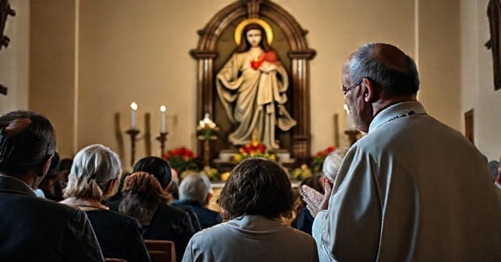 Tradycyjny ksiądz i grupa modląca się przed posągiem Najświętszego Serca Jezusa w kościele