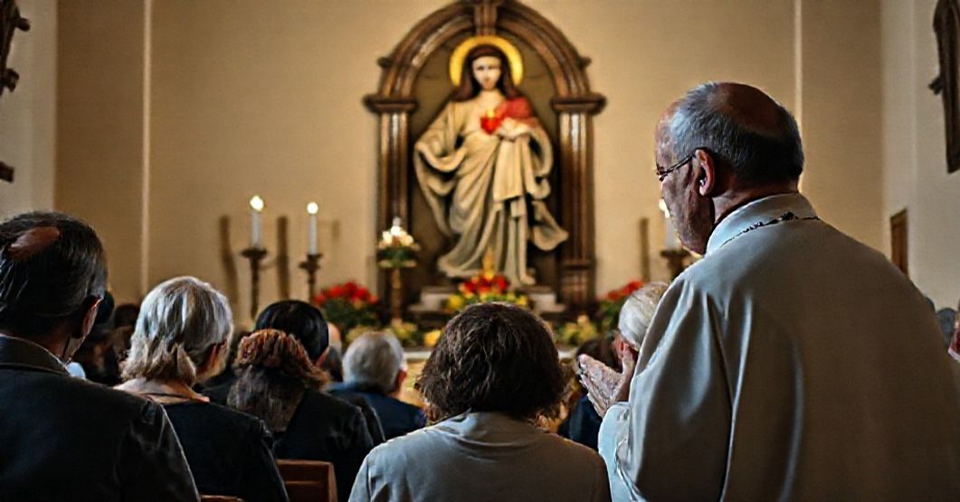 Tradycyjny ksiądz i grupa modląca się przed posągiem Najświętszego Serca Jezusa w kościele