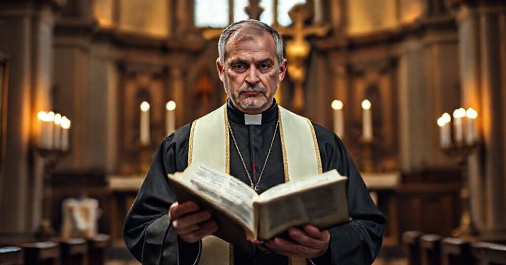 Ksiądz w tradycyjnych szatach kościelnych stoi w kościele, trzymając otwartą księgę Prawa Bożego z przygnębionym wyrazem twarzy.