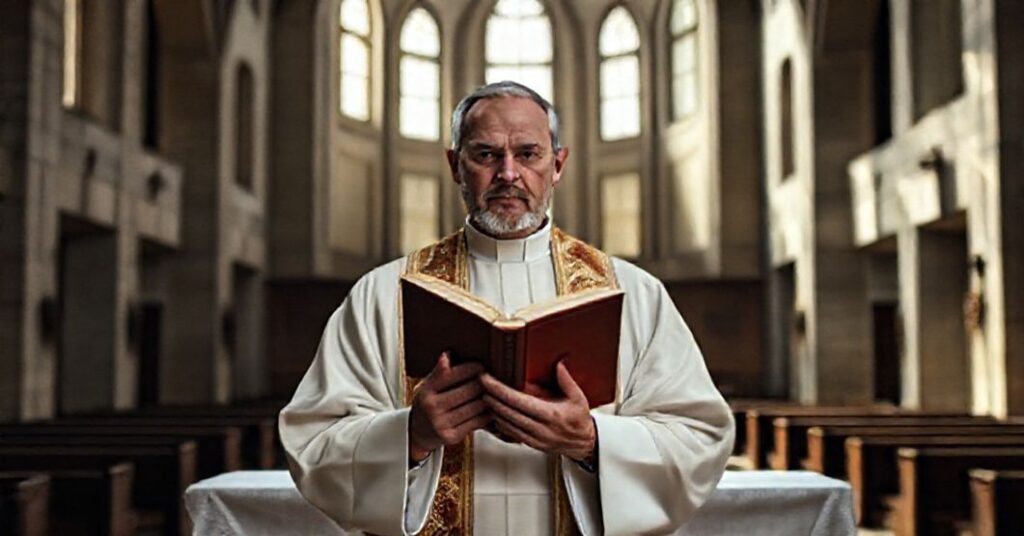 Ksiądz w stroju liturgicznym trzymający księgę przed ołtarzem w tradycyjnym kościele, symbolizując powrót do niezmiennej doktryny katolickiej.