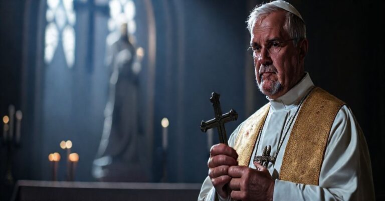 Poważny ksiądz w tradycyjnych ornatach ostrzega przed niebezpiecznymi synkretyzmami Halloween w kościele