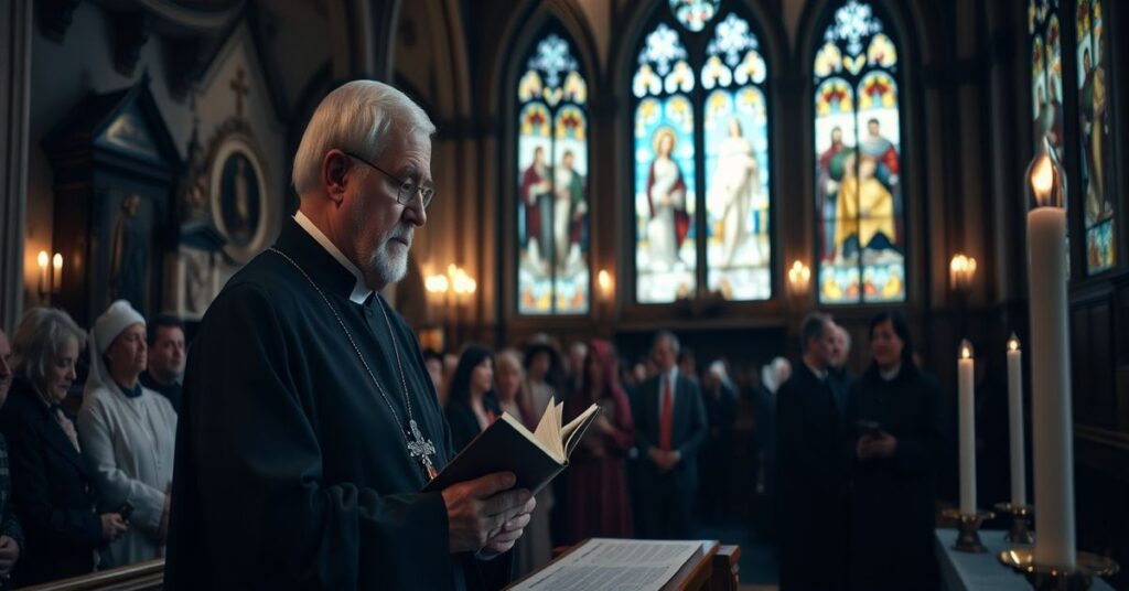 Stary ksiądz w kościele tradycyjnym wyraża smutek nad technologizacją liturgii podczas Mszy św. z obecnością urządzeń AI.
