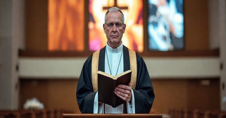 Powaga księży w tradycyjnych szatach liturgicznych w kontrastzie z nowoczesnym, minimalistycznym wnętrzem kościoła, symbolizująca konflikt między tradycyjną wiarą a nowoczesnym redukcjonizmem w Kościele.