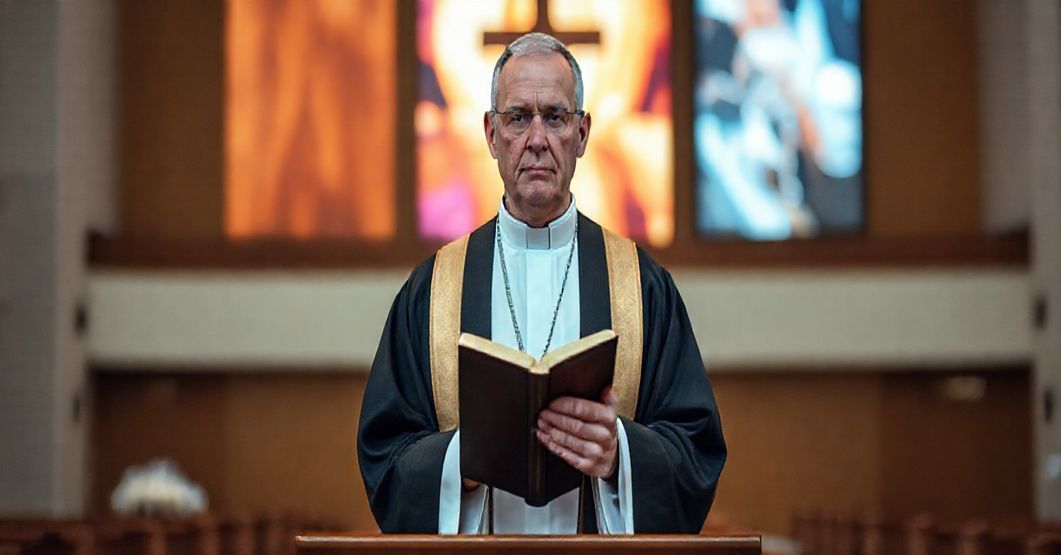 Powaga księży w tradycyjnych szatach liturgicznych w kontrastzie z nowoczesnym, minimalistycznym wnętrzem kościoła, symbolizująca konflikt między tradycyjną wiarą a nowoczesnym redukcjonizmem w Kościele.