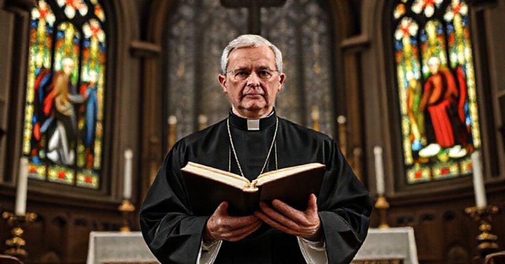 Tradycyjny ksiądz katolicki w czarnym sutannie przed ołtarzem w kościele, symbolizujący walkę z modernizmem i potrzebę naprawy duchowej.