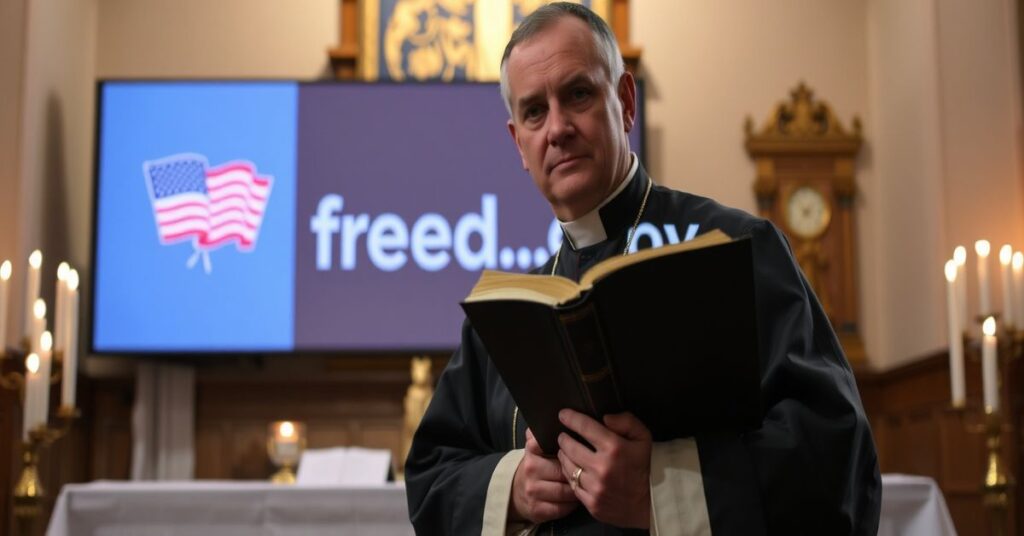 Katolicki ksiądz w tradycyjnych szatach liturgicznych trzyma Biblię przed ołtarzem z świecami w tle z wyświetlaczem portalu freedom.gov.