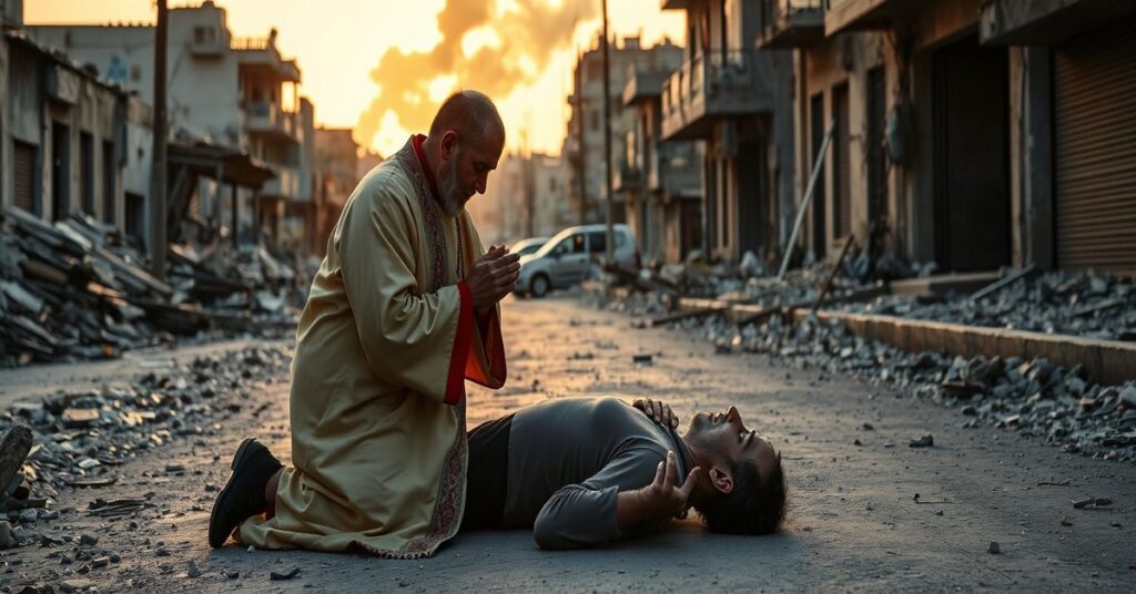 Ksiądz w liturgicznych szatach udziela ostatniego namaszczenia umierającemu mężczyźnie w zniszczonym libańskim mieście