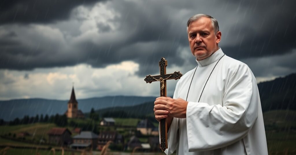 Tradycyjny ksiądz w sutannie trzymający krzyż podczas burzy, z widokiem na wieś i kościół na tle deszczu i gwałtownych wiatrów