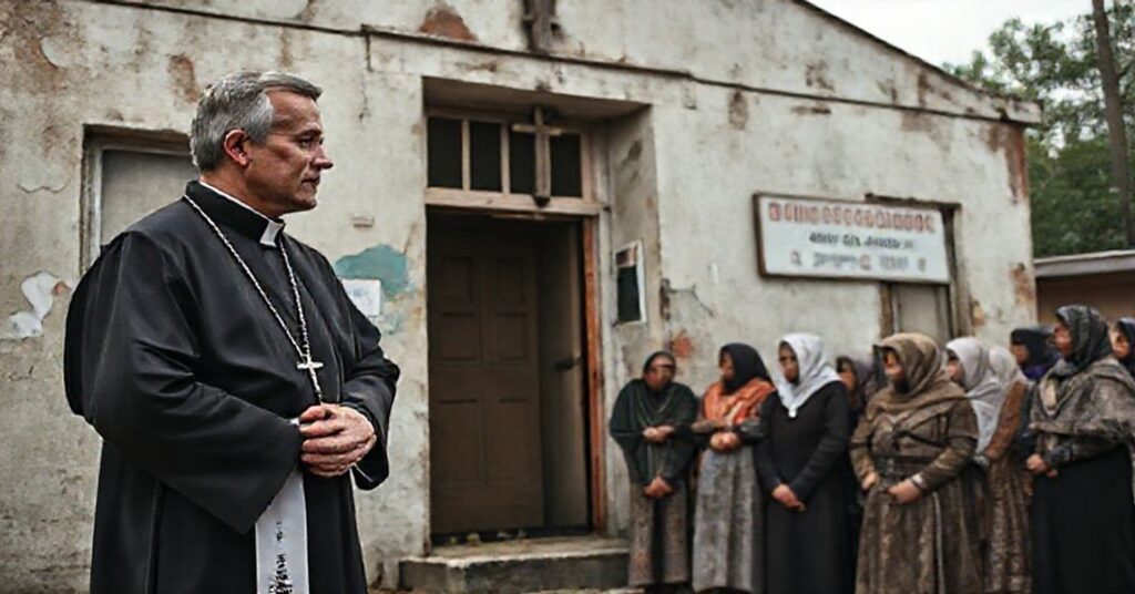 Ksiądz w habitacie stoi przed budynkiem Centrum Pomocy Ciążowym, trzymając różaniec