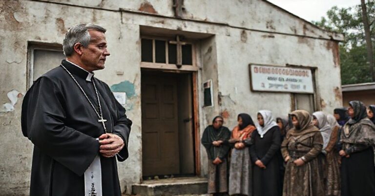 Ksiądz w habitacie stoi przed budynkiem Centrum Pomocy Ciążowym, trzymając różaniec