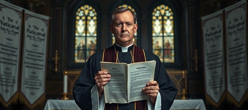Solemny ksiądz w tradycyjnych szatach stoi przed zdewastowanym ołtarzem z dokumentem Watykanu o synodalności.