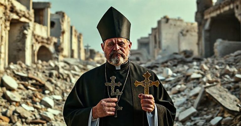 Ksiądz w tradycyjnym stroju liturgicznym modli się w ruinach zniszczonego kościoła w Gazie, trzymając krucyfiks. Scena podkreśla duchową pustkę i potrzebę nawrócenia.