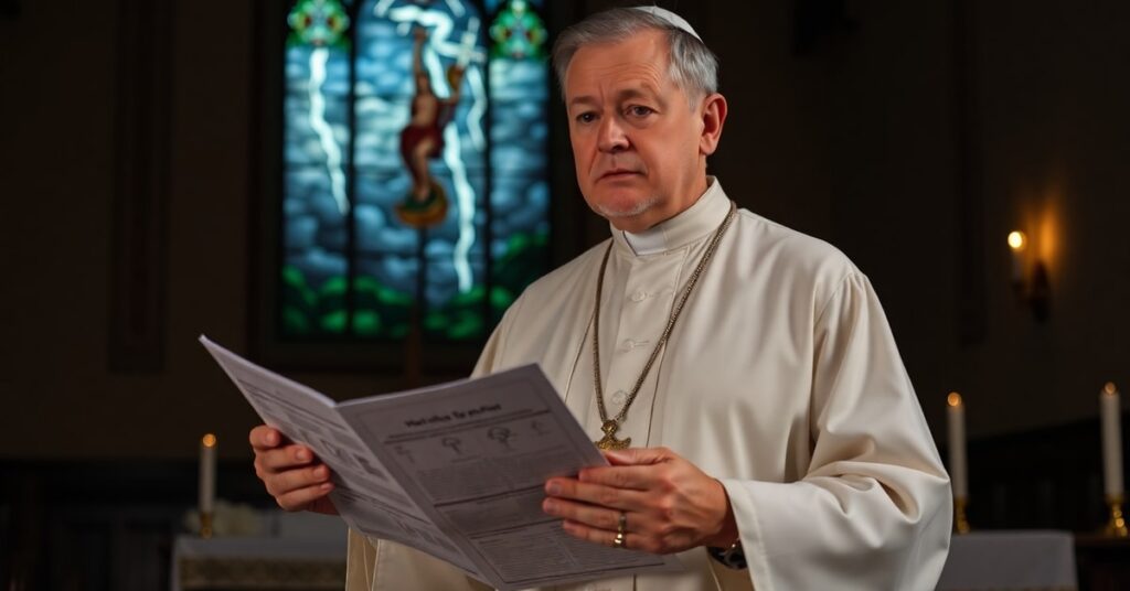 Ksiądz w tradycyjnym ornaty trzyma komunikat pogodowy i krzyż w kościele z witrażem przedstawiającym burzę