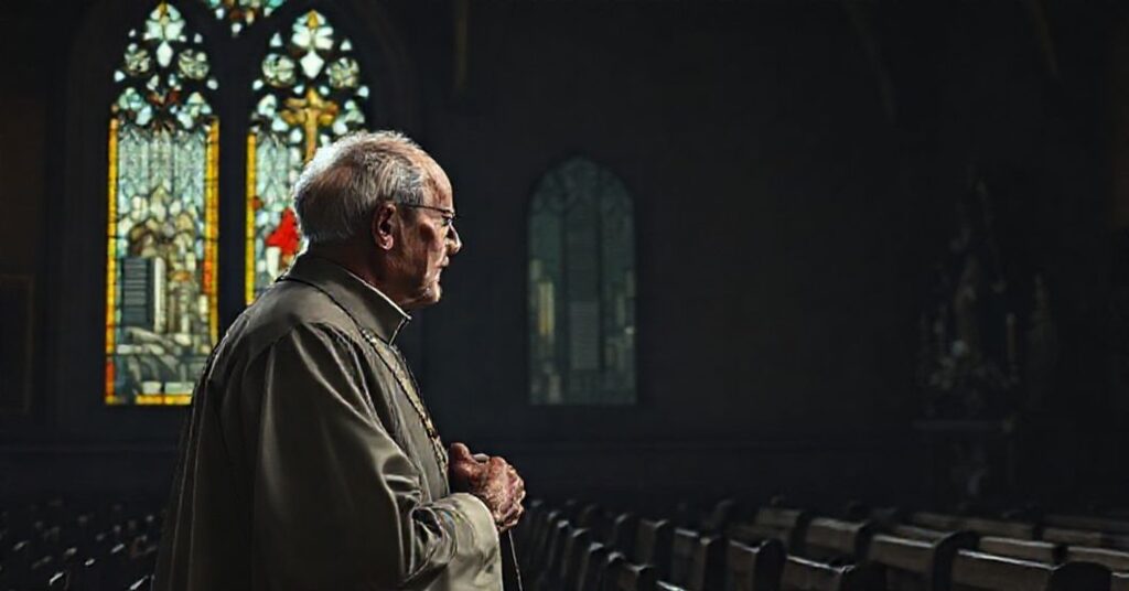 Stary ksiądz katolicki w modlitwie przed witrażem przedstawiającym chaos światowy. Symbolizuje brak Chrystusa Króla w nowoczesnej literaturze apokaliptycznej.