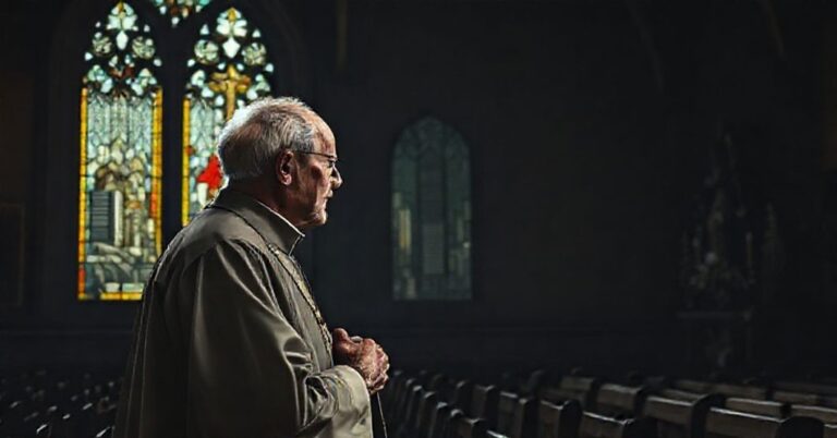 Stary ksiądz katolicki w modlitwie przed witrażem przedstawiającym chaos światowy. Symbolizuje brak Chrystusa Króla w nowoczesnej literaturze apokaliptycznej.