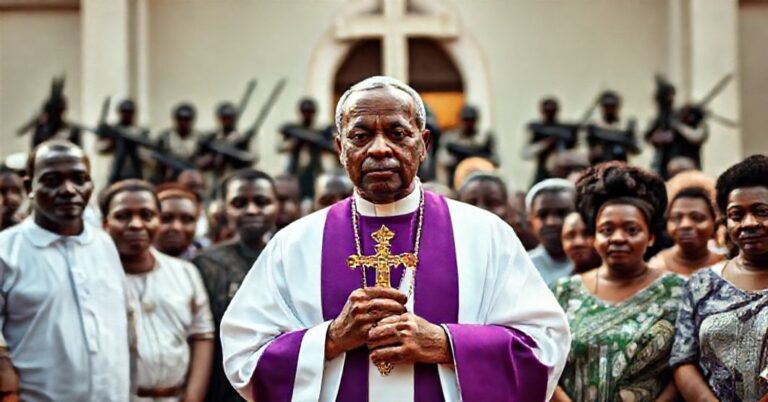 Ksiądz w szacie liturgicznej przed kościołem w Nigerii otoczony przez parafianek na tle grupujących się zbrojnych ekstremistów.