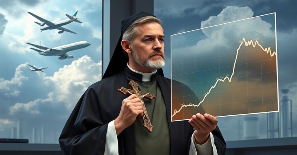 Ksiądz w tradycyjnych szatach liturgicznych stoi przed nowoczesnym laboratorium, trzymając krzyż i patrząc na wykres pokazujący wzrost globalnej temperatury.