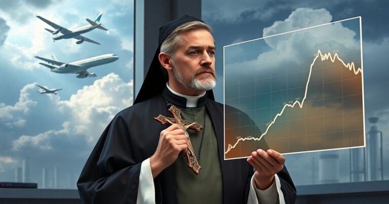Ksiądz w tradycyjnych szatach liturgicznych stoi przed nowoczesnym laboratorium, trzymając krzyż i patrząc na wykres pokazujący wzrost globalnej temperatury.
