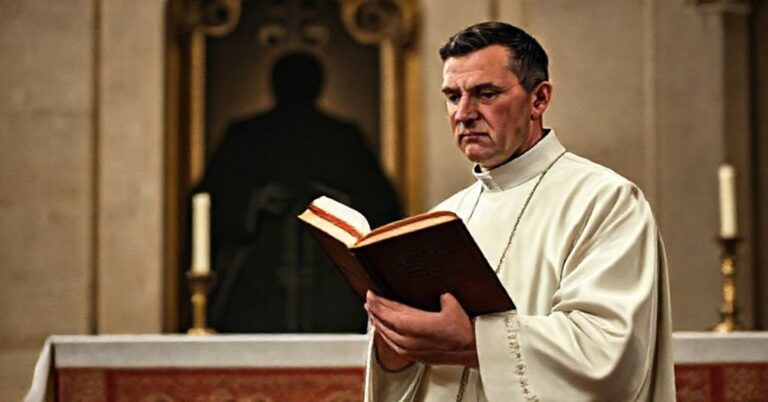 Tradycyjny ksiądz w sutannie stoi przed ołtarzem z pojętym wyrazem twarzy, trzymając książkę z tytułem 'Rycerze Kolumba'. W tle widoczny jest cień symbolizujący fałszywego papieża Leo XIV.