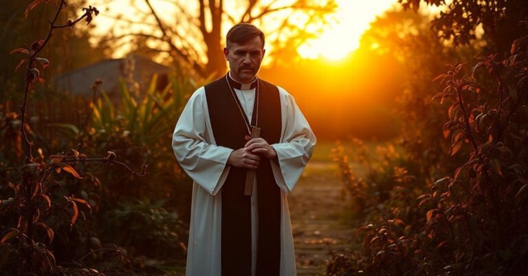 Ksiądz w tradycyjnych szatach liturgicznych stoi w porzuconym ogrodzie wśród gnijących roślin, trzymając krzyż. Scena jest nasączona głębokim żalem za poganizacją wiary.